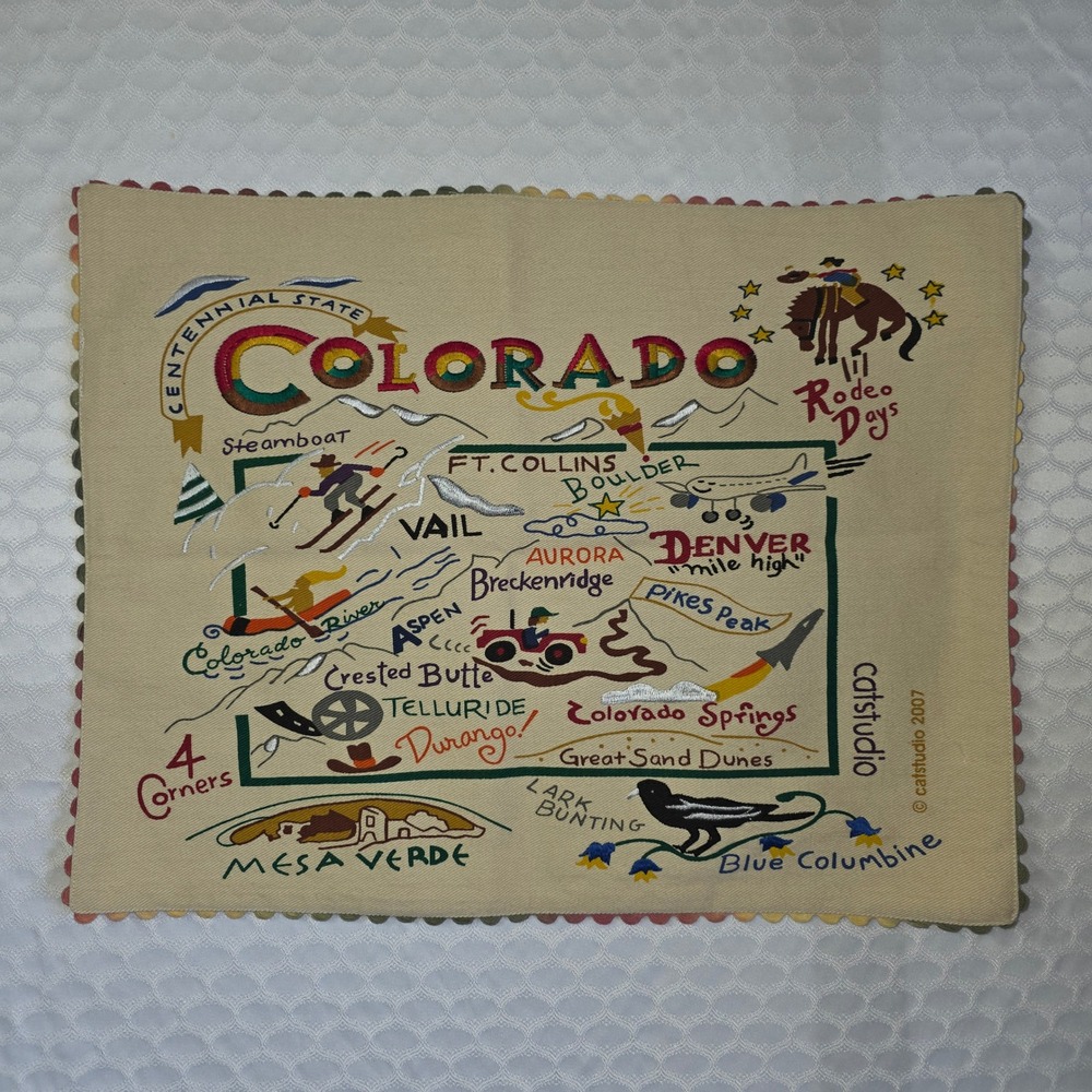 Catstudio State of Colorado Embroidered Placemat Cotton Canvas Map
